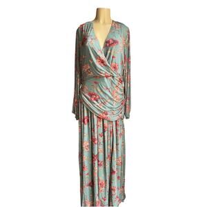 Fashion Nova Floral Wrap Maxi Dress Green Pink Long Sleeve Slit Size XXL NWT